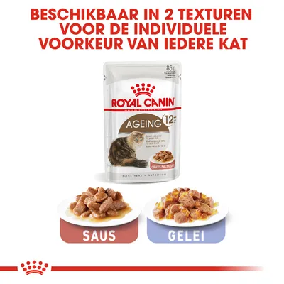 Royal Canin Ageing 12+ kattenvoer, verkrijgbaar in 85 g zakje. Beschikbaar in 2 texturen: saus en gelei. Tekst: Beschikbaar in 2 texturen voor de individuele voorkeur van iedere kat.