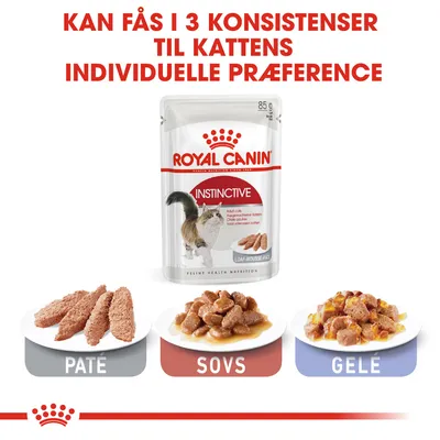 Royal Canin Instinctive kattefoder, 85 g. Kan fås i 3 konsistenser: paté, sovs og gelé. Synlige skåle med hver variant. Tekst: Til kattens individuelle præference.