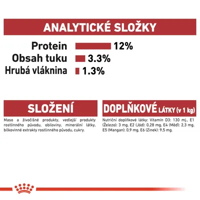 Analytické složky: protein 12 %, obsah tuku 3,3 %, hrubá vláknina 1,3 %. Složení: maso a živočišné produkty, obiloviny, minerální látky. Doplňkové látky: vitamín D3, železo, jód, měď, mangan, zinek.