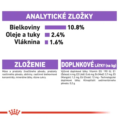 Analytické zložky: bielkoviny 10,8 %, oleje a tuky 2,4 %, vláknina 1,6 %. Zloženie: mäso, produkty živočíšneho a rastlinného pôvodu, obilniny, minerály, cukry. Doplnkové látky: vitamíny, minerály.