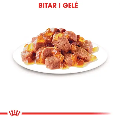 Bitar i gelé, köttbitar på vit tallrik med genomskinlig gelé. Texten 'BITAR I GELÉ' syns överst i bilden.