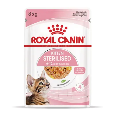 Royal Canin Kitten Sterilised 6–12 months, 85 g. Pakkauksessa kissanpentu ja hyytelössä olevia paloja. Teksti: in jelly, no preservatives, stage 4 after sterilisation.