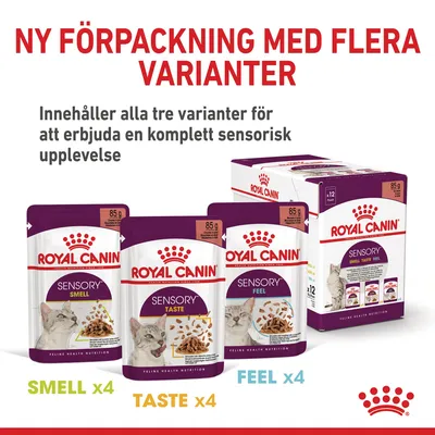 Royal Canin Sensory multipack kattmat, 12 x 85 g: 4 Smell, 4 Taste, 4 Feel. Text: Ny förpackning med flera varianter. Innehåller alla tre varianter för en komplett sensorisk upplevelse.