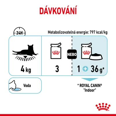 Dávkování pro kočku 4 kg: 3 kapsičky nebo 1 kapsička a 36 g granulí ROYAL CANIN Indoor, metabolizovatelná energie 797 kcal/kg, voda k dispozici.