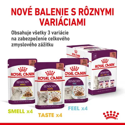 Royal Canin Sensory multipack pre mačky, nové balenie s 3 variáciami: Smell x4, Taste x4, Feel x4. Obsahuje všetky varianty na zabezpečenie celkového zmyslového zážitku.
