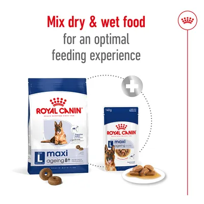 ROYAL CANIN maxi ageing 8+ ξηρή τροφή και υγρή τροφή 140g για μεγάλους σκύλους. Αγγλικό κείμενο: Mix dry & wet food for an optimal feeding experience.