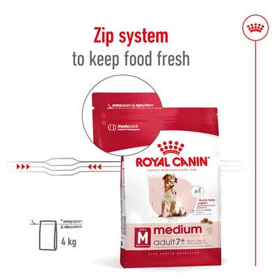 Συσκευασία Royal Canin medium adult 7+ 4 kg με zip system και ένδειξη easyopen & zipsystem, freshpack protective atmosphere. Αγγλικό κείμενο: Zip system to keep food fresh.