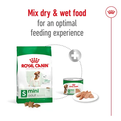 ROYAL CANIN mini adult ξηρή και υγρή τροφή σκύλου. Κείμενο στα αγγλικά: Mix dry & wet food for an optimal feeding experience.