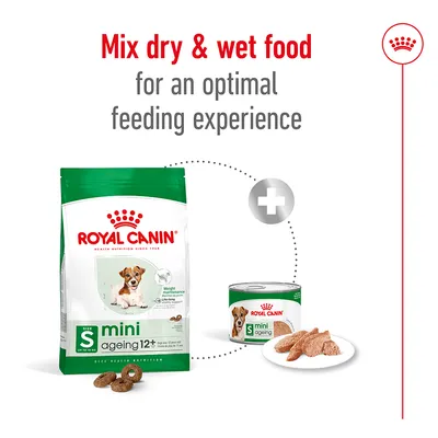 Instructional image showing dry and wet food products with text: Mix dry & wet food for an optimal feeding experience. Includes Royal Canin mini ageing 12+ dry and wet food.