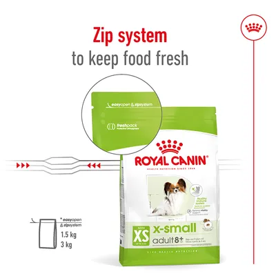 Image showing zip system on pet food bag to keep food fresh, with easy open and zip system feature highlighted. Suitable for 1.5 kg and 3 kg packs.