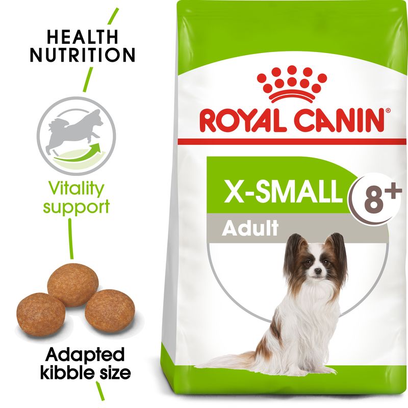 ROYAL CANIN X-SMALL 8+ Adult, изображение собаки, надписи: Health Nutrition, Vitality support, Adapted kibble size. Корм для взрослых собак очень маленьких пород старше 8 лет.