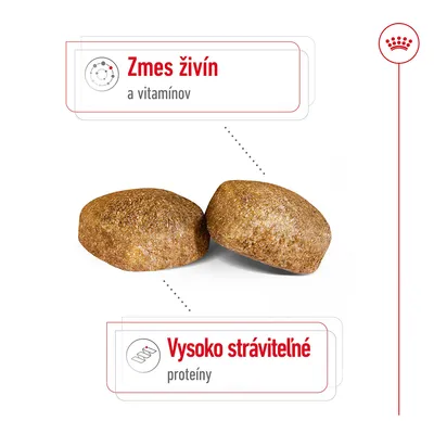 Dve granule s textom: Zmes živín a vitamínov, Vysoko stráviteľné proteíny.