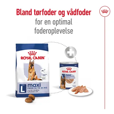 Bland tørfoder og vådfoder for en optimal foderoplevelse. Royal Canin maxi adult 5+ tørfoder, 26–44 kg, og Royal Canin maxi ageing vådfoder vises sammen.