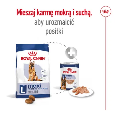 Mieszaj karmę mokrą i suchą, aby urozmaicić posiłki. Opakowanie Royal Canin maxi adult 5+ sucha karma 26–44 kg oraz puszka Royal Canin maxi ageing mokra karma 410 g.