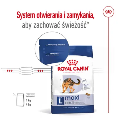 Royal Canin Maxi Adult, system easyopen & zipsystem, freshpack. System otwierania i zamykania, aby zachować świeżość. Opakowania 1 kg i 4 kg.