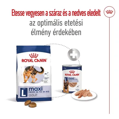 Etessen vegyesen száraz és nedves eledelt az optimális etetési élmény érdekében. Royal Canin maxi adult L száraztáp és konzerv, 26–44 kg kutyáknak látható.