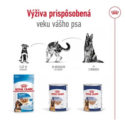 Royal Canin Puppy 2–15 mesiacov, Maxi Adult 15 mesiacov až 5 rokov, Maxi Ageing po 5 rokoch. Výživa prispôsobená veku psa. Tri balenia krmiva s obrázkami psov rôzneho veku.