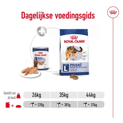 Dagelijkse voedingsgids Royal Canin Maxi Adult: voor honden van 26 kg 1 blik + 220 g, 35 kg 1 blik + 301 g, 44 kg 1 blik + 376 g droogvoer.