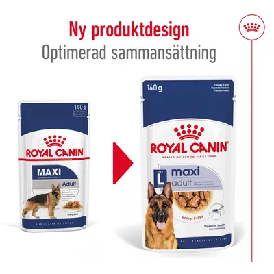 Royal Canin Maxi Adult 140 g våtfoder för hund, bild på gammal och ny förpackning. Text: Ny produktdesign, Optimerad sammansättning.