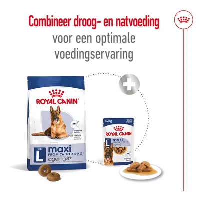 Royal Canin maxi ageing 8+ droogvoer en natvoer voor honden, combineer droog- en natvoeding voor een optimale voedingservaring. Verpakking met Duitse herder afbeelding zichtbaar.