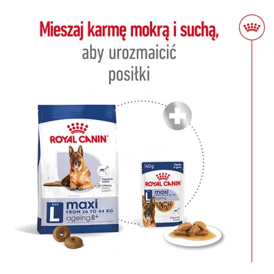 Mieszaj karmę mokrą i suchą, aby urozmaicić posiłki. Royal Canin maxi ageing 8+ L dla psów 26–44 kg, opakowanie suchej i mokrej karmy widoczne na zdjęciu. Mieszaj karmę mokrą i suchą, aby urozmaicić posiłki. Royal Canin maxi ageing 8+ L dla psów 26–44 kg, opakowanie suchej i mokrej karmy widoczne na zdjęciu.