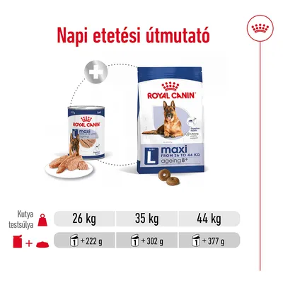 Napi etetési útmutató Royal Canin Maxi Ageing 8+ kutyatápra: 26 kg-hoz 1 konzerv + 222 g, 35 kg-hoz 1 konzerv + 302 g, 44 kg-hoz 1 konzerv + 377 g száraz táp.