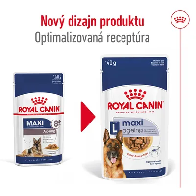 Porovnanie starého a nového balenia Royal Canin Maxi Ageing 140 g s textom: Nový dizajn produktu, Optimalizovaná receptúra. Na obale pes a kúsky v omáčke.
