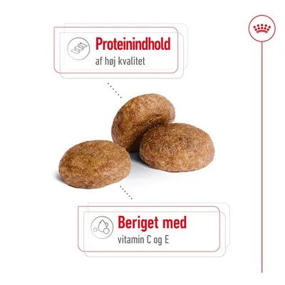 Tre foderpiller. Tekst: Proteinindhold af høj kvalitet. Beriget med vitamin C og E.