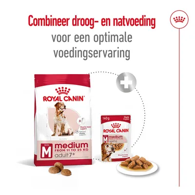 Royal Canin medium adult 7+ droogvoer (11–25 kg) en natvoer 140 g. Tekst: Combineer droog- en natvoeding voor een optimale voedingservaring.