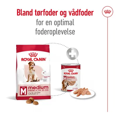 Bland tørfoder og vådfoder for en optimal foderoplevelse. Royal Canin medium adult 7+ tørfoder fra 11 til 25 kg og Royal Canin medium vådfoder dåse, begge med hundebillede.