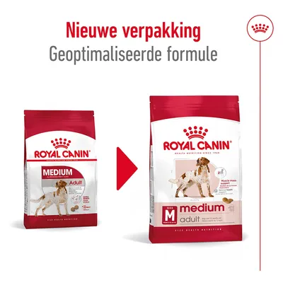 Royal Canin Medium Adult hondenvoer, oude en nieuwe verpakking naast elkaar. Tekst: Nieuwe verpakking, Geoptimaliseerde formule. Op beide verpakkingen staat een hond afgebeeld.