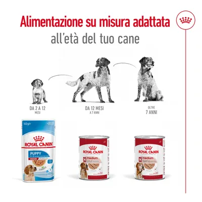 Royal Canin Puppy 2–12 mesi, Medium Adult 12 mesi–7 anni, Medium Ageing oltre 7 anni. Alimentazione su misura adattata all’età del cane con immagini di tre prodotti e cani di età diversa.