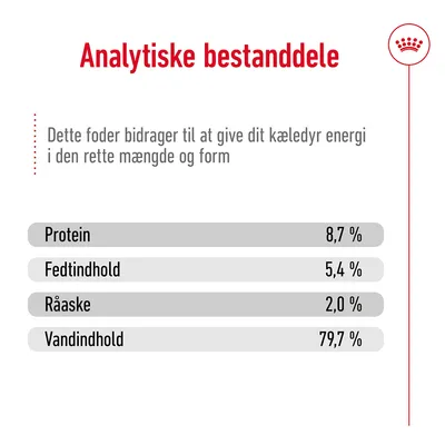 Analytiske bestanddele: Protein 8,7 %, Fedtindhold 5,4 %, Råaske 2,0 %, Vandindhold 79,7 %. Tekst: Dette foder bidrager til at give dit kæledyr energi i den rette mængde og form.