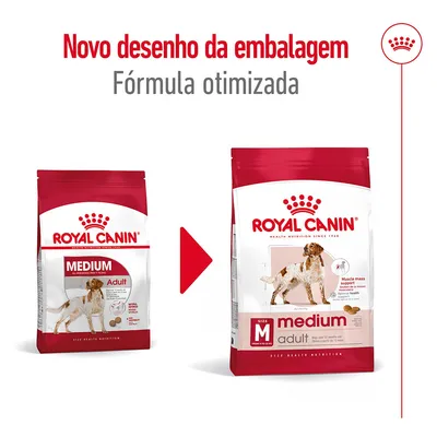 Comparação de embalagens Royal Canin Medium Adult com novo design. Texto: 'Novo desenho da embalagem. Fórmula otimizada'. Ambas mostram cão e nome do produto visíveis.