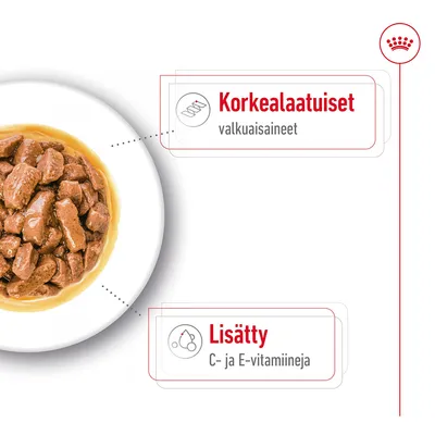 Korkealaatuiset valkuaisaineet, lisätty C- ja E-vitamiineja. Kuvassa annos kastikkeessa olevia lihapaloja valkoisella lautasella.