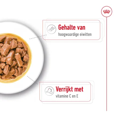 Bord natvoer met tekst: Gehalte van hoogwaardige eiwitten. Verrijkt met vitamine C en E.