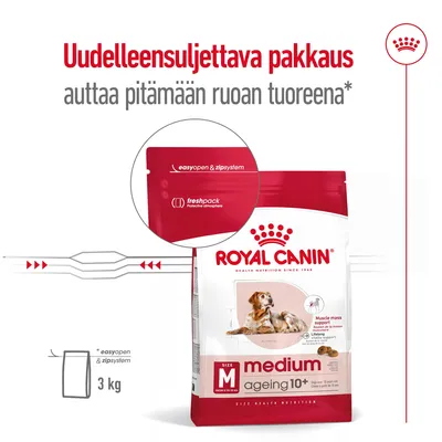 Royal Canin medium ageing 10+ koiranruoka, uudelleensuljettava easyopen & zipsystem -pakkaus, 3 kg. Teksti: Uudelleensuljettava pakkaus auttaa pitämään ruoan tuoreena.