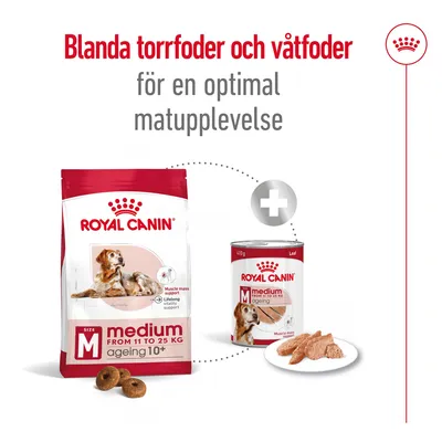 Blanda torrfoder och våtfoder för en optimal matupplevelse. Royal Canin Medium Ageing 10+ torrfoderpåse och våtfoderburk, synlig text: från 11 till 25 kg, muscle mass support.