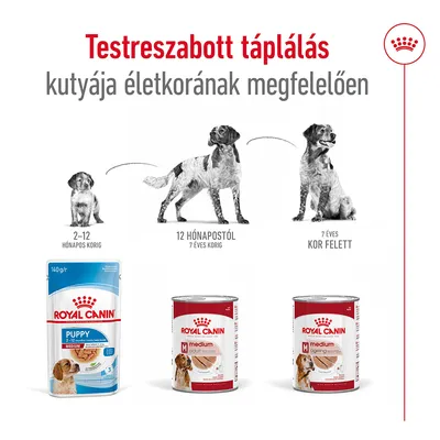 Royal Canin kutyatápok: Puppy 2–12 hónapos korig, Medium Adult 12 hónapostól 7 éves korig, Medium Ageing 7 éves kor felett. Testreszabott táplálás életkor szerint.