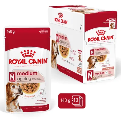 Royal Canin medium ageing Gravy-Salsa, 10 saquetas de 140 g para cães médios. Suporte da massa muscular. Imagem do produto e embalagem visíveis.