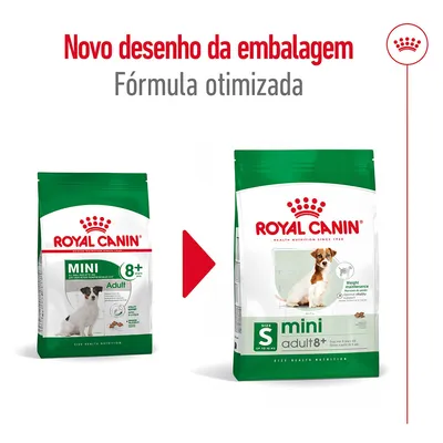 Comparação de embalagens Royal Canin Mini Adult 8+ para cães, com texto: 'Novo desenho da embalagem. Fórmula otimizada'. Mudança de design visível entre os dois sacos.