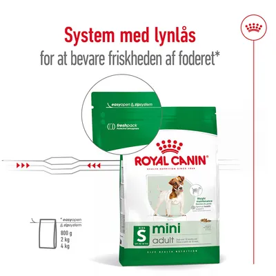 Royal Canin mini adult hundefoder med lynlåssystem. Tekst: System med lynlås for at bevare friskheden af foderet. easyopen & zipsystem, freshpack protective atmosphere.
