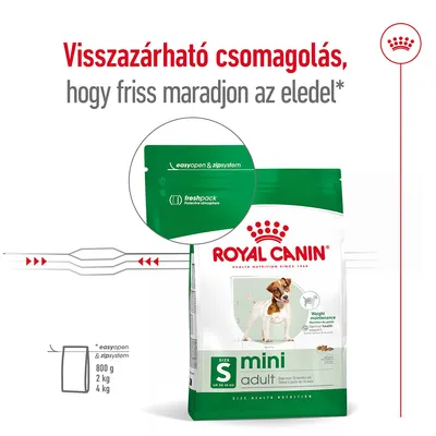 Royal Canin mini adult kutyatáp visszazárható csomagolásban, easyopen & zipsystem, freshpack. Felirat: Visszazárható csomagolás, hogy friss maradjon az eledel.