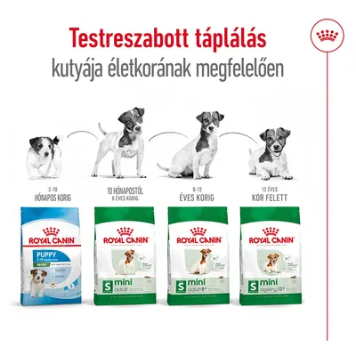 Royal Canin kutyatápok: Puppy 2–10 hónapos korig, Mini Adult 10 hónapostól 8 éves korig, Mini Adult 8+ 8–12 éves korig, Mini Ageing 12+ 12 éves kor felett.
