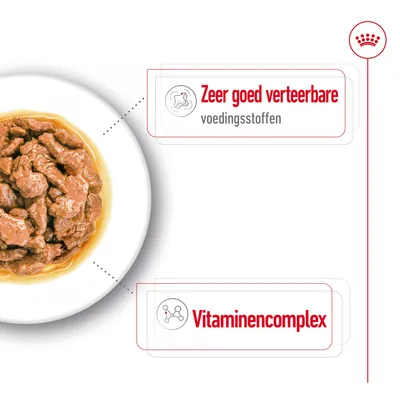 Bord natvoer met tekst: 'Zeer goed verteerbare voedingsstoffen' en 'Vitaminencomplex'.
