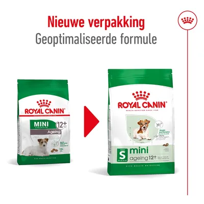 Royal Canin Mini Ageing 12+ hondenvoer: oude en nieuwe verpakking naast elkaar. Tekst: Nieuwe verpakking, geoptimaliseerde formule.