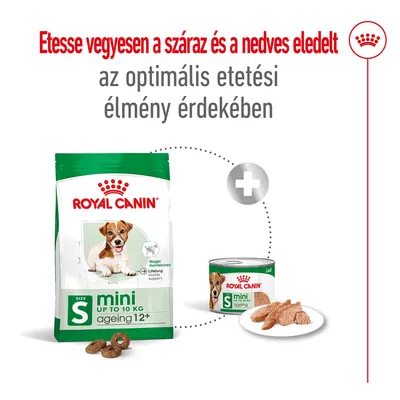 Royal Canin mini ageing 12+ száraz és nedves eledel kutyáknak, S méret, 10 kg-ig. Felirat: Etesse vegyesen a száraz és a nedves eledelt az optimális etetési élmény érdekében.