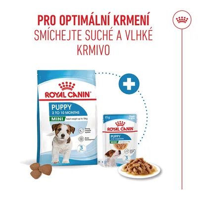 Royal Canin Puppy Mini suché a vlhké krmivo. Doporučení: Smíchejte suché a vlhké krmivo pro optimální krmení. Royal Canin Puppy Mini suché a vlhké krmivo. Doporučení: Smíchejte suché a vlhké krmivo pro optimální krmení.