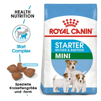 ROYAL CANIN STARTER MOTHER & BABYDOG MINI, billede af to små hundehvalpe, tekst: Health Nutrition, Start Complex, Rehydratable, Spezielle Krokettengröße und -form