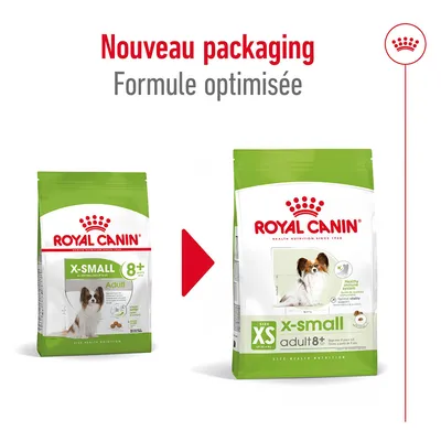 Nouveau packaging Royal Canin X-Small Adult 8+ visible : ancien et nouveau sachet, texte « Formule optimisée », photo de petit chien sur les deux paquets.